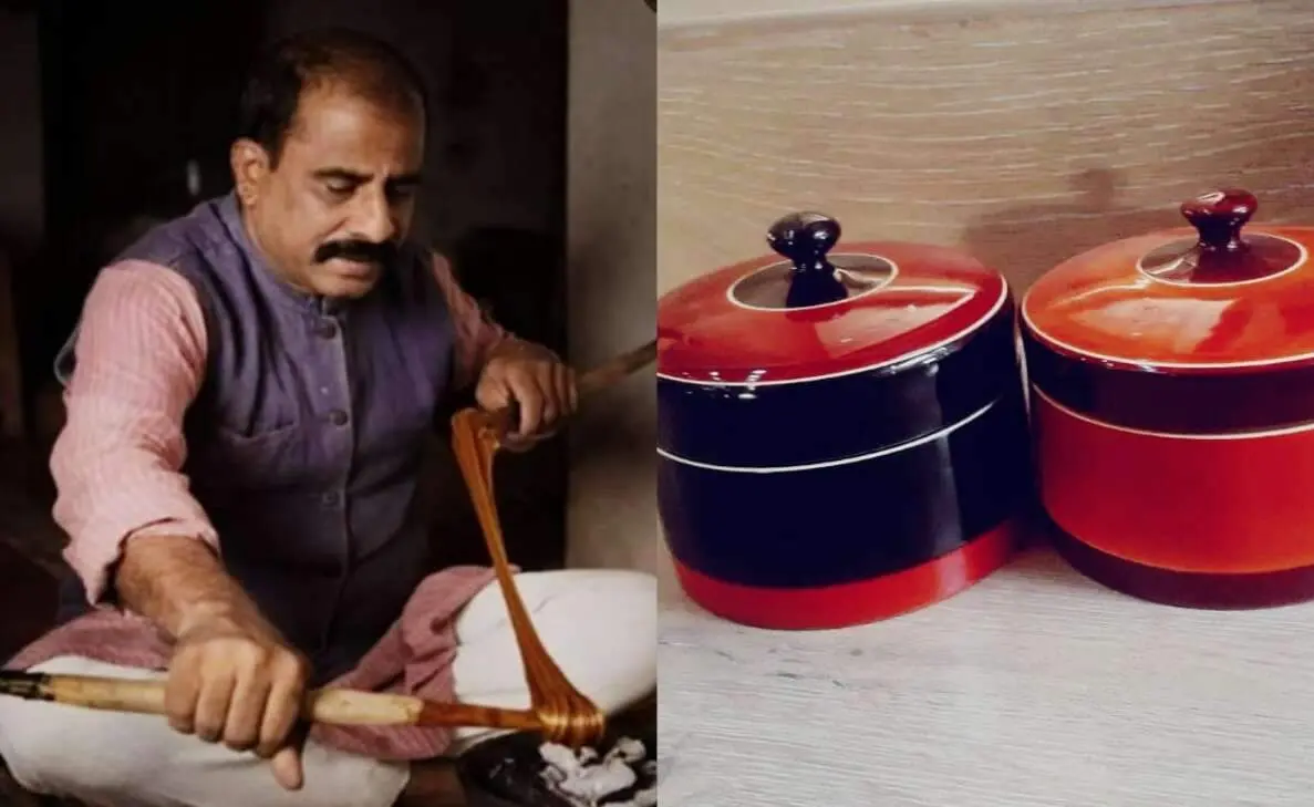 CV Raju applying natural lacquer in his Etikoppaka workshop