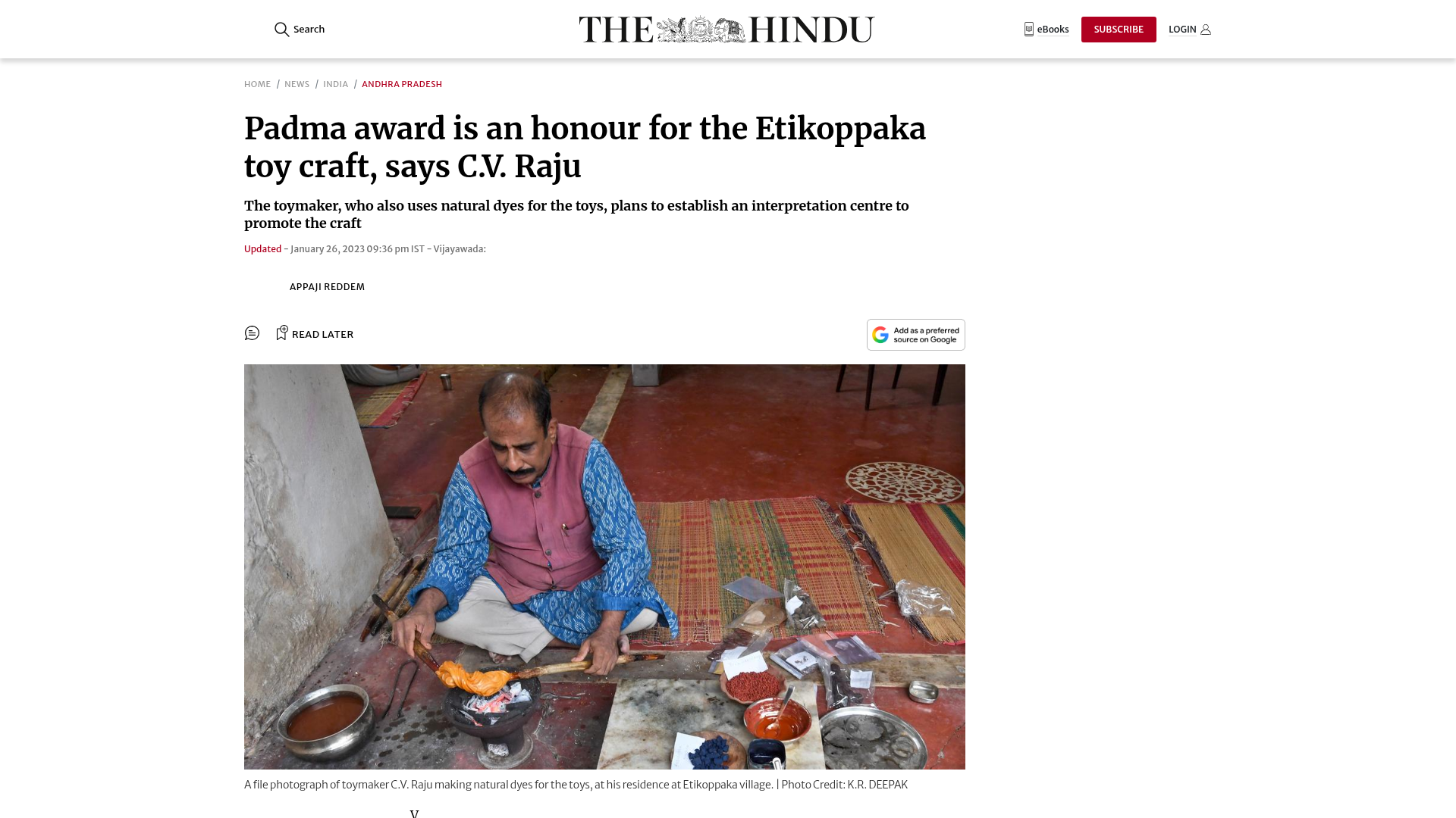 The Hindu, Padma award is an honour for the Etikoppaka toy craft, says CV Raju